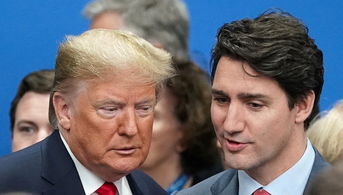 ​FILE PHOTO: U.S. President Donald Trump talks with Canada's Prime Minister Justin Trudeau during a North Atlantic Treaty Organization Plenary Session at the NATO summit in Watford, Britain, December 4, 2019.