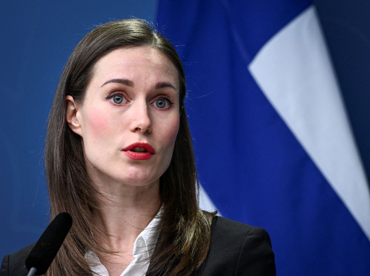 Finland's PM Sanna Marin at news conference in Stockholm, Sweden, February 2, 2023.