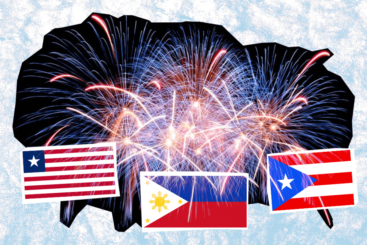 FIreworks and flags of Liberia, the Philippines, and Puerto Rico