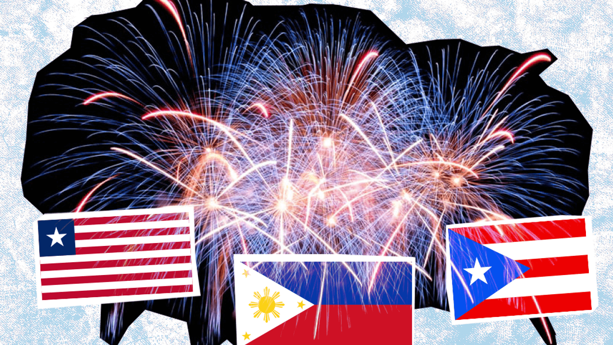 FIreworks and flags of Liberia, the Philippines, and Puerto Rico