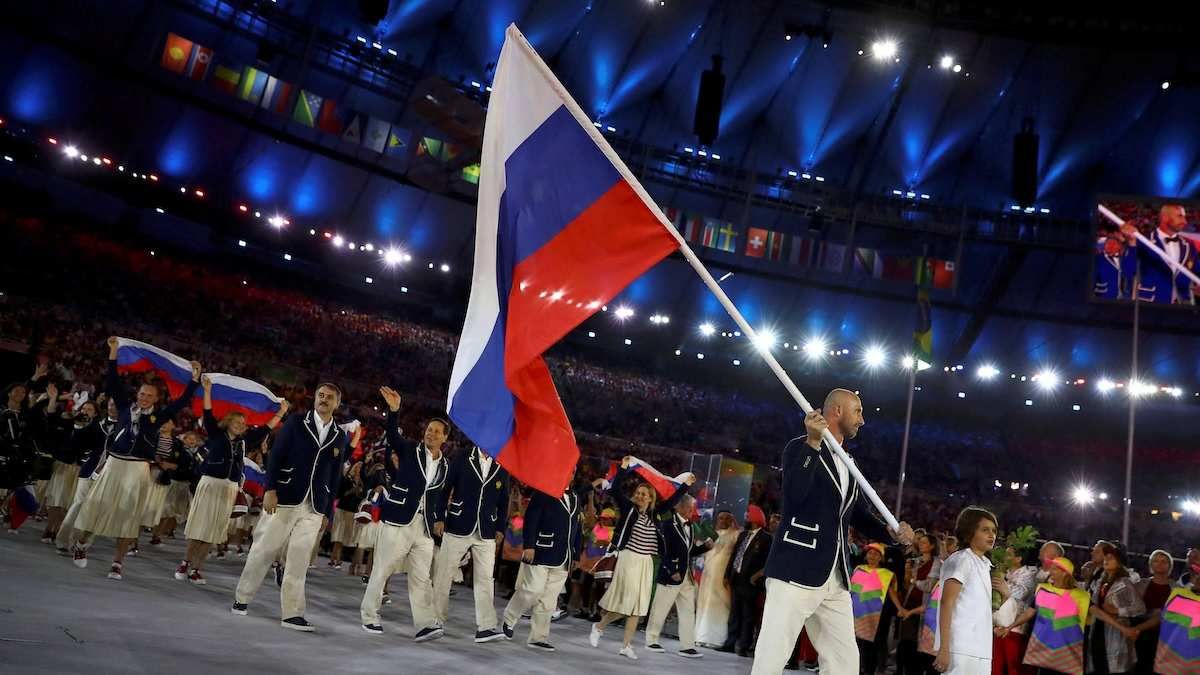 Flagbearer Sergey Tetyukhin of Russia at the Maracana stadium in Rio de Janeiro, Brazil, on August 8, 2016.