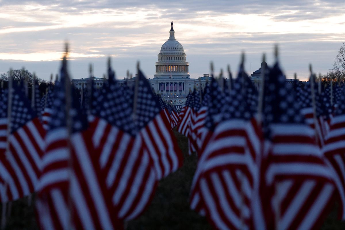 Flags at the US National Mall represent the people who are unable to travel for Joe Biden's presidential inauguration in Washington. REUTERS/Carlos Barria
