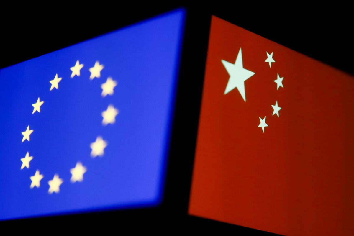 ​Flags of the European Union and China are seen in this multiple-exposure illustration.