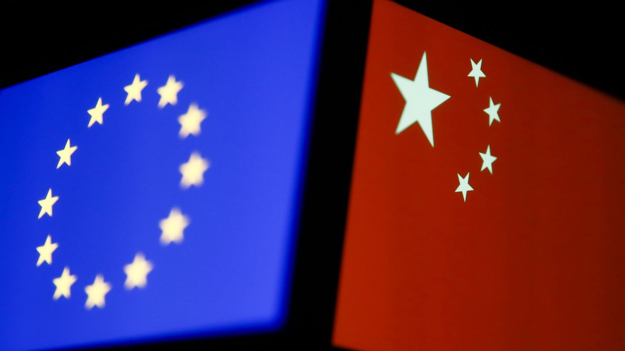 Flags of the European Union and China are seen in this multiple-exposure illustration.