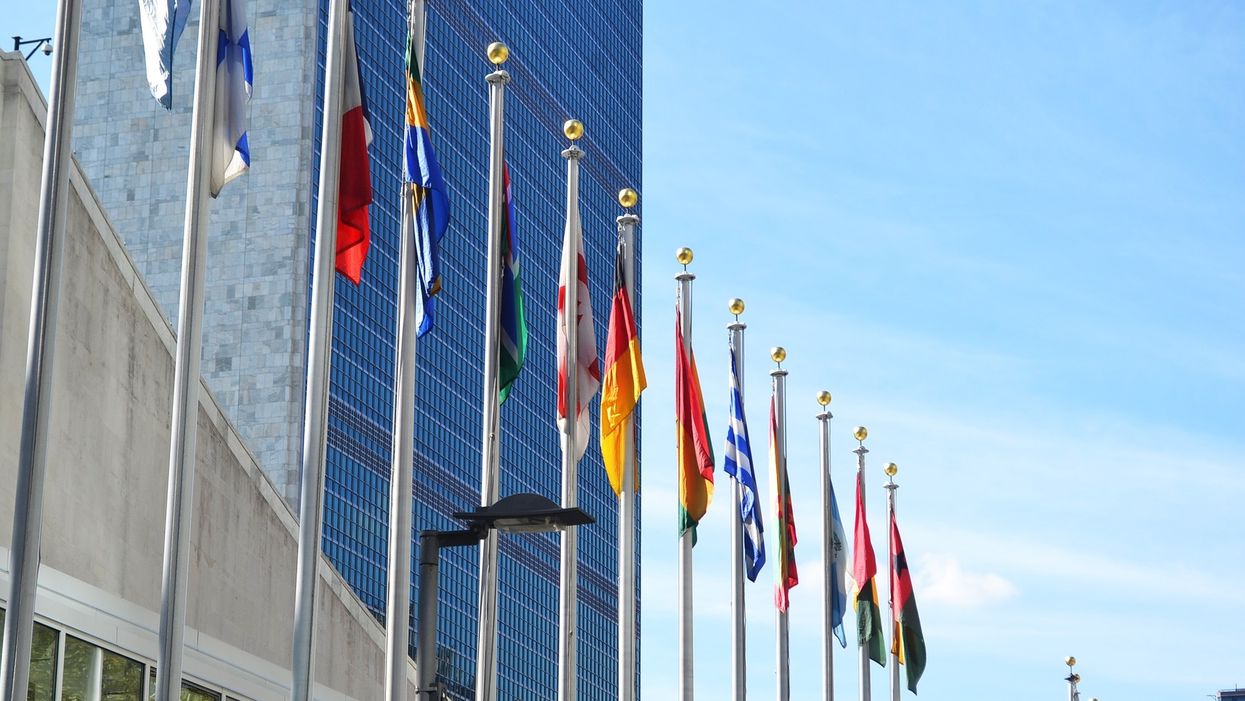 Flags outside the United Nations headquarters in New York City.
