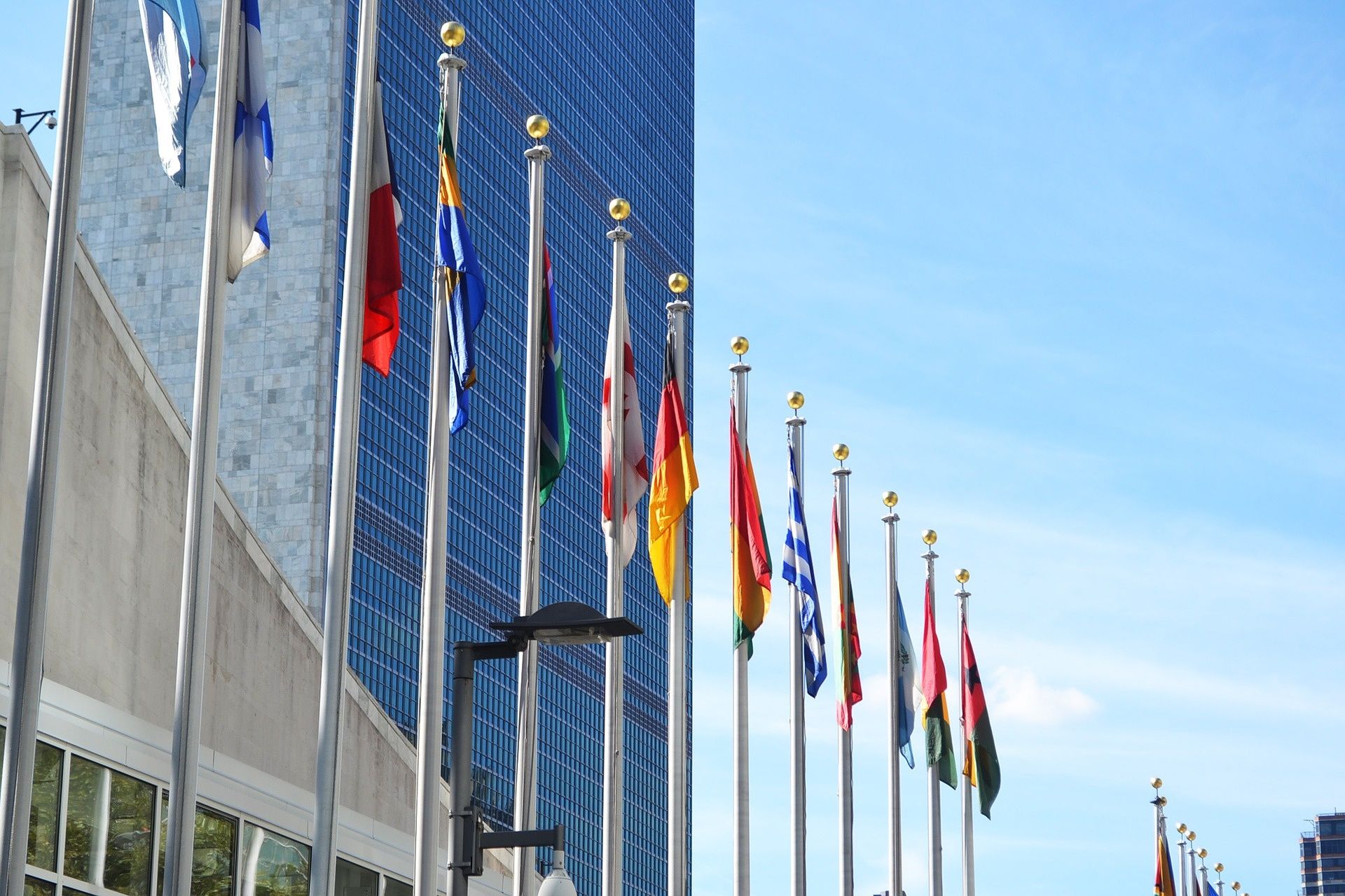 Flags outside the United Nations headquarters in New York City.