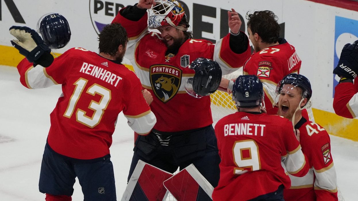 Florida Panthers celebrate beating the Edmonton Oilers in game seven of the 2024 Stanley Cup Final at Amerant Bank Arena.