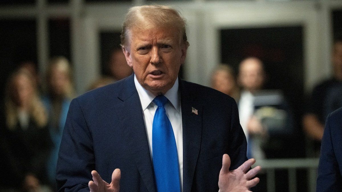 Former President Donald Trump speaks to the media after the first day of opening statements in his trial at Manhattan Criminal Court for falsifying documents related to hush money payments, in New York, NY, on Monday, April 22, 2024.