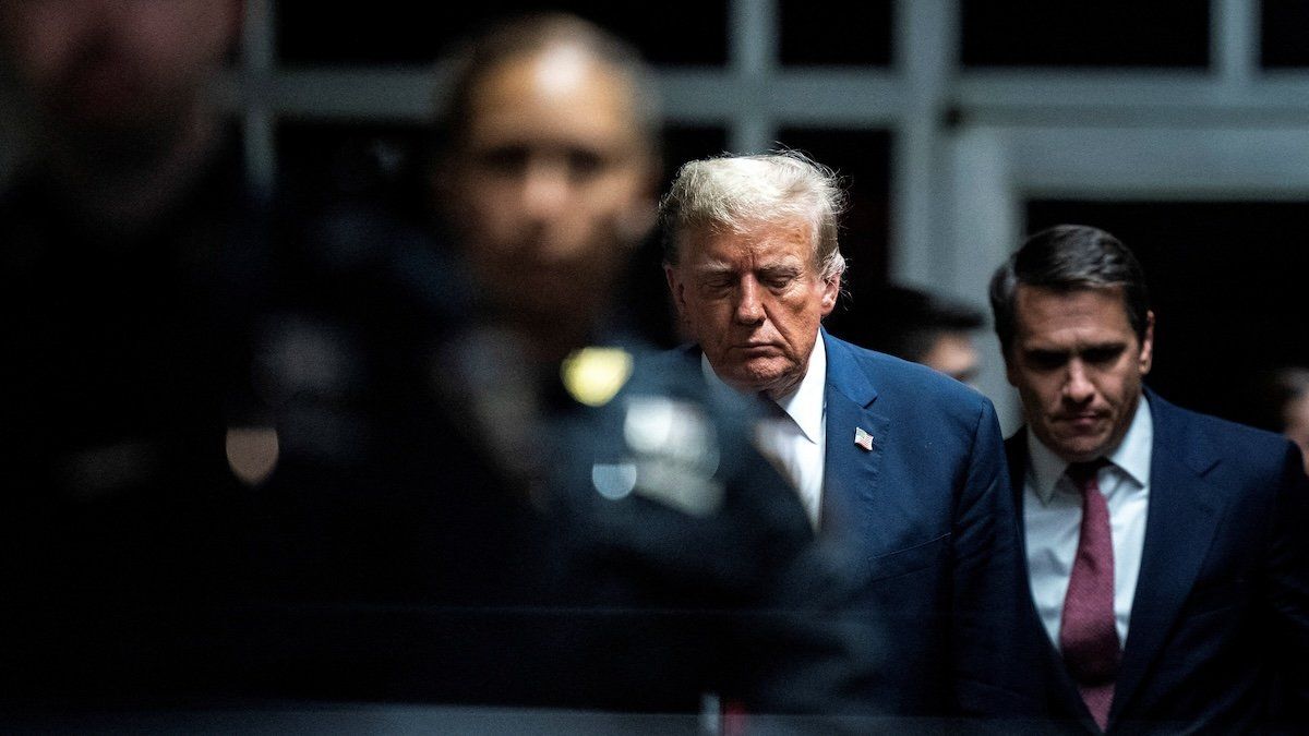 Former President Donald Trump walks out of the courtroom following the first day of jury selection at the Manhattan Criminal Court in New York, NY on Monday, April 15, 2024. 