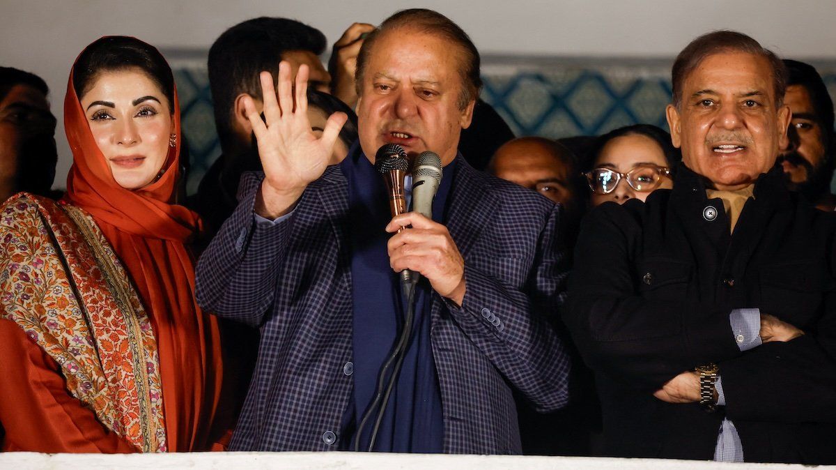 ​Former Prime Minister of Pakistan Nawaz Sharif speaks at the party office of Pakistan Muslim League in Lahore, Pakistan, February 9, 2024.