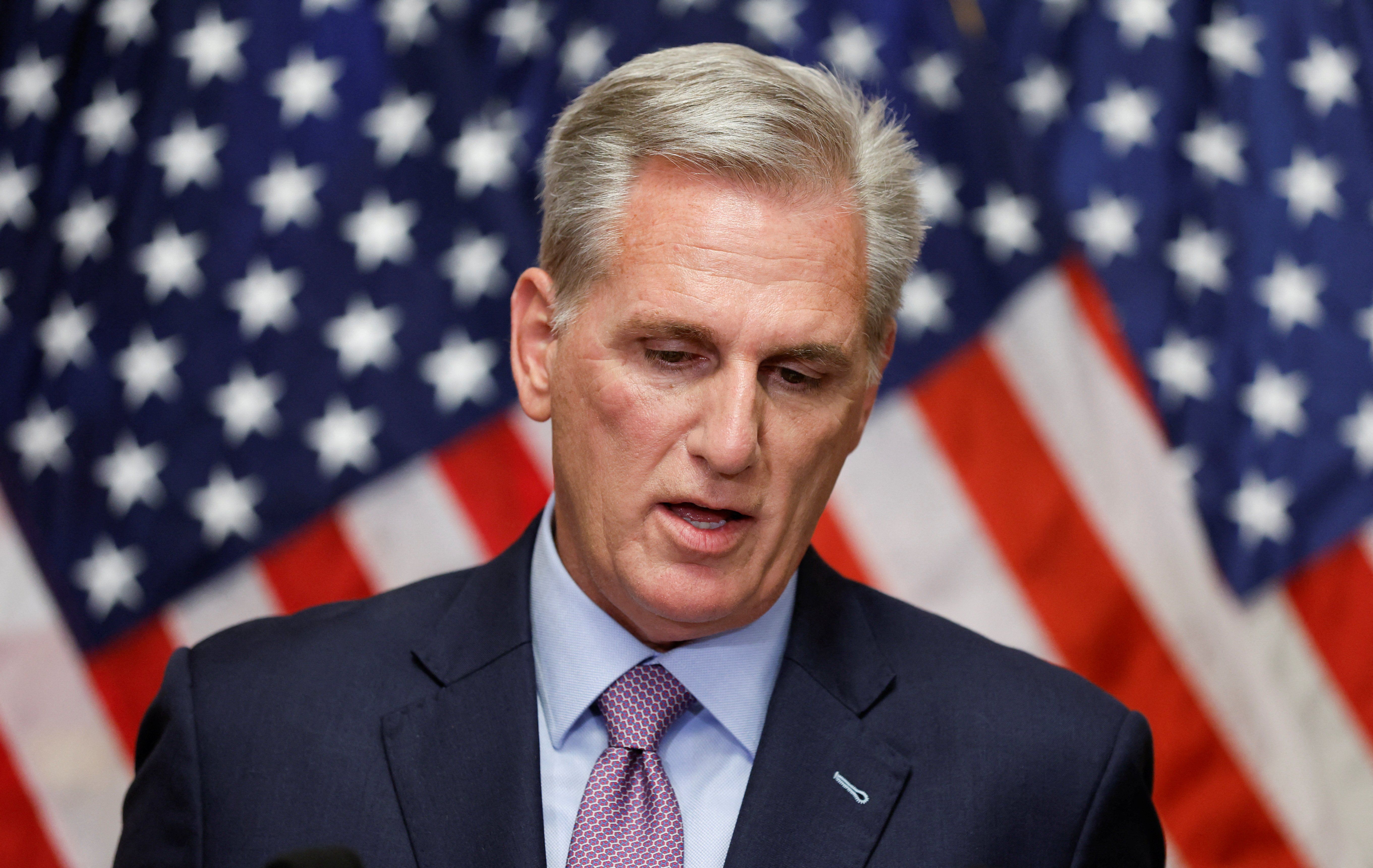 Former Speaker of the House Kevin McCarthy (R-CA) speaks to reporters after he was ousted from the position of Speaker 