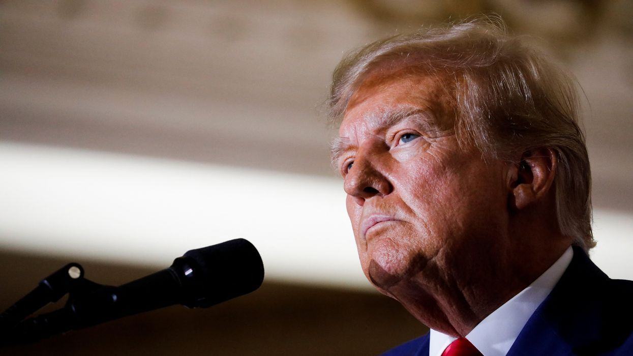 Former U.S. President Donald Trump delivers remarks on the day of his court appearance in New York after being indicted by a Manhattan grand jury following a probe into hush money paid to porn star Stormy Daniels, in Palm Beach, Florida, U.S., April 4, 2023.