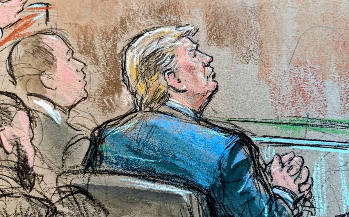 ​Former U.S. President Donald Trump is seen during an appeals hearing on Trump's claim of immunity, in this courtroom sketch in U.S. District Court in Washington, U.S., January 9, 2024. 