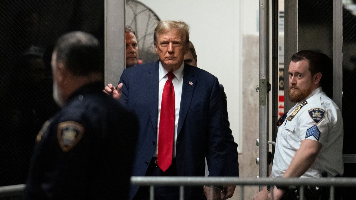 Former U.S. President Donald Trump returns from a break at Manhattan criminal court in New York, U.S., on Monday, April 15, 2024.