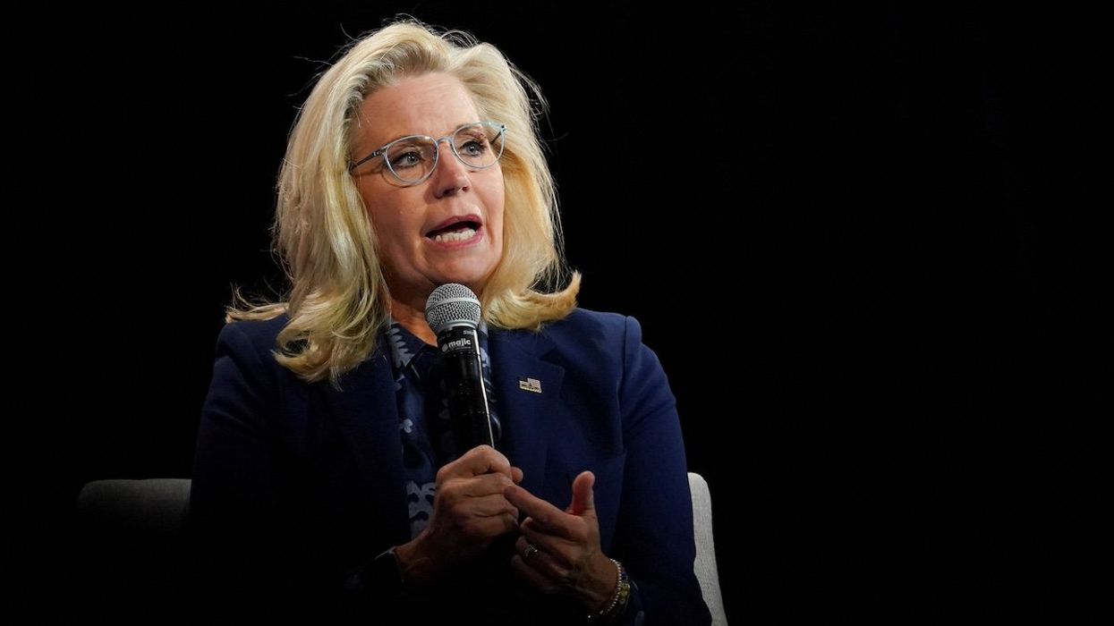 Former U.S. Rep. Liz Cheney (R-WY) speaks during a conversation with Democratic presidential nominee U.S. Vice President Kamala Harris moderated by Charlie Sykes in Brookfield, Wisconsin, U.S., October 21, 2024.