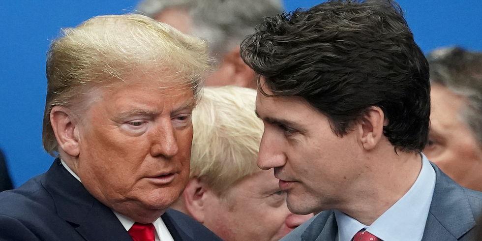 Former US President Donald Trump talks with Canadian Prime Minister Justin Trudeau during a North Atlantic Treaty Organization Plenary Session in Britain in 2019.