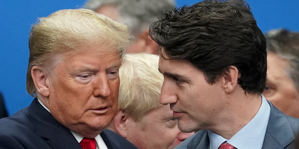 Former US President Donald Trump talks with Canadian Prime Minister Justin Trudeau during a North Atlantic Treaty Organization Plenary Session in Britain in 2019.