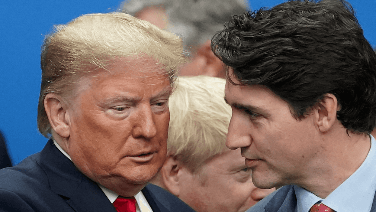 Former US President Donald Trump talks with Canadian Prime Minister Justin Trudeau during a North Atlantic Treaty Organization Plenary Session in Britain in 2019.
