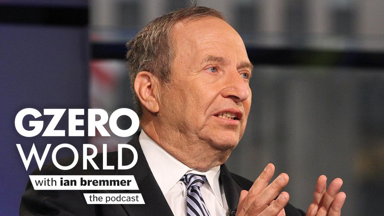 Former US Treasury Secretary Larry Summers speaks while gesturing with his hands during an interview. Text art reads "GZERO World with Ian Bremmer – the podcast."