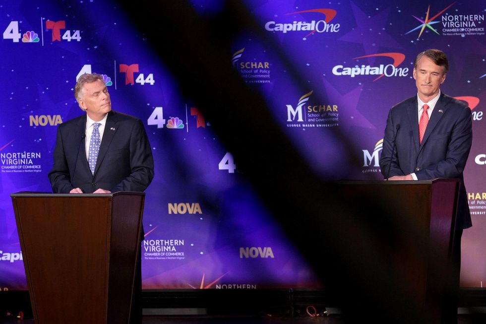 Former Virginia Gov. Terry McAuliffe (D-VA) (left) and Republican gubernatorial candidate Glenn Youngkin (right) debate on September 28, 2021. 
