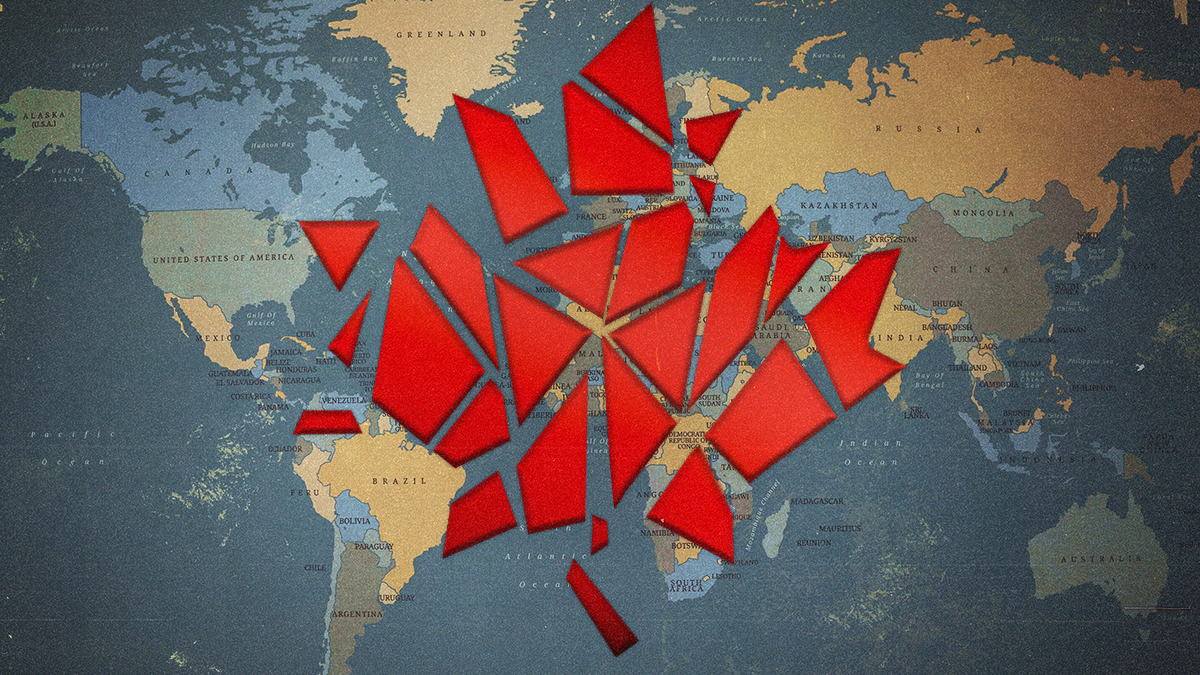 Fragmented Canadian maple leaf over map of the world