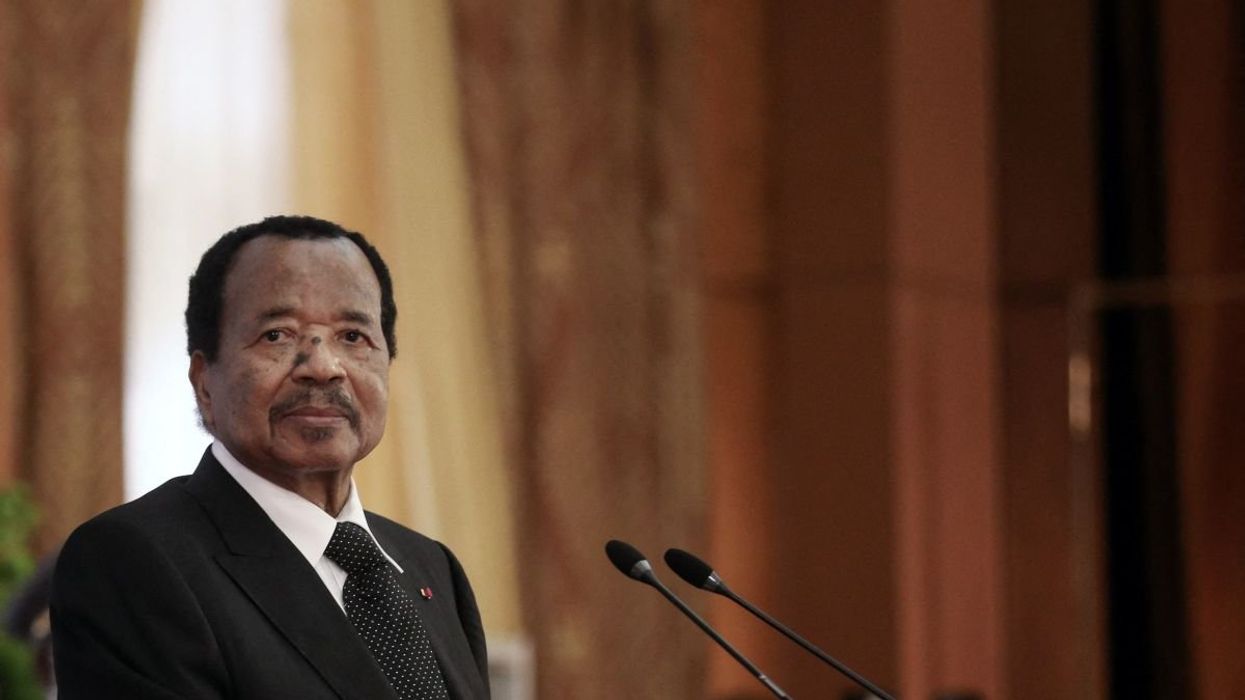 France's President and Cameroon's President Paul Biya take part in a joint press conference at The Presidential Palace in Yaounde, Cameroon on July 26, 2022.