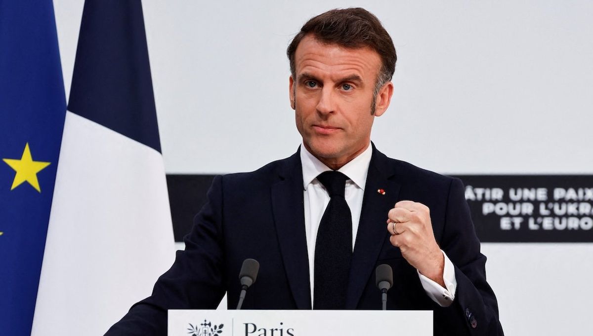 France's President Emmanuel Macron speaks during a press conference following a summit for the "coalition of the willing" at the Elysee Palace in Paris on March 27, 2025. 