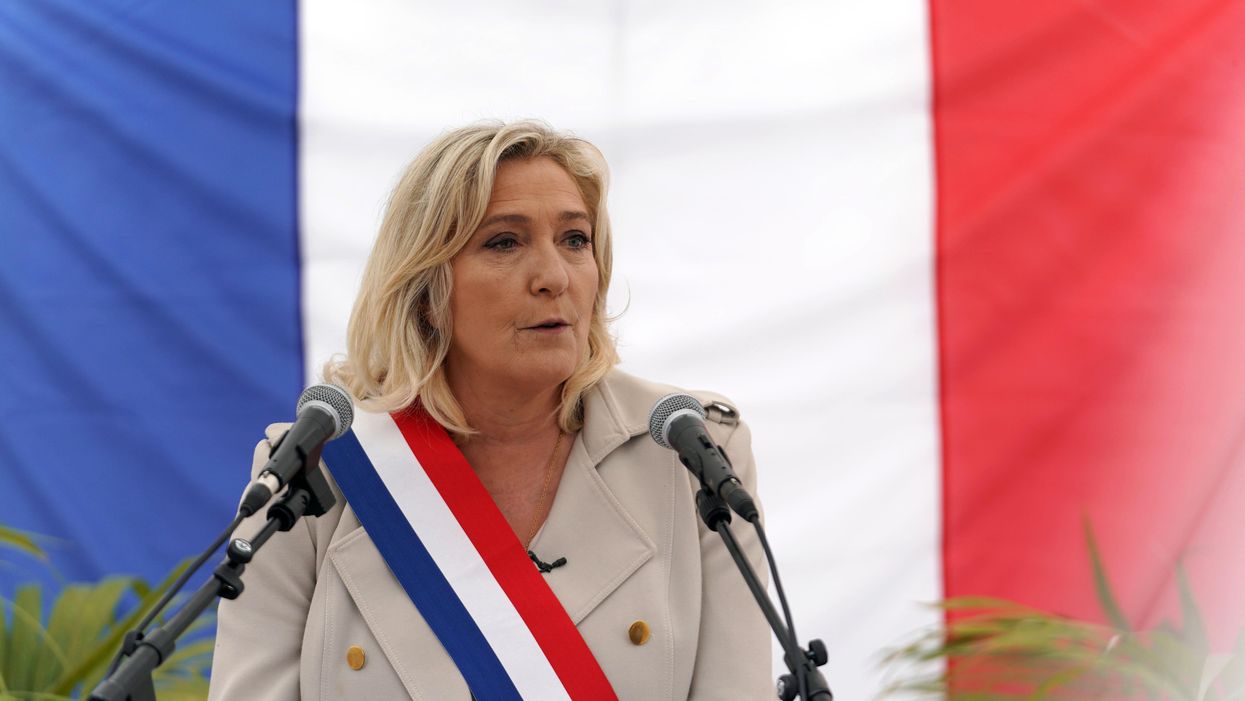 French far-right party "National Rally" (Rassemblement National) president and member of Parliament Marine Le Pen delivers a speech as she attends the 76th anniversary since WWII end commemoration on May 08, 2021