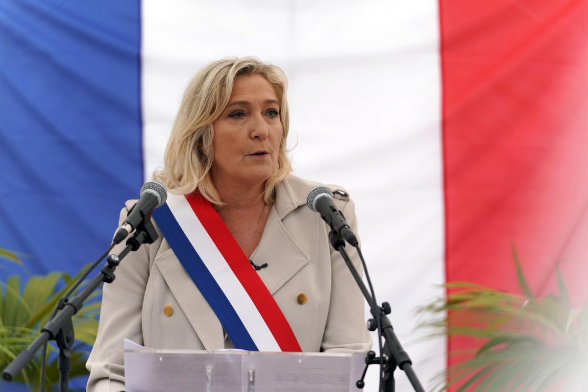 French far-right party "National Rally" (Rassemblement National) president and member of Parliament Marine Le Pen delivers a speech as she attends the 76th anniversary since WWII end commemoration on May 08, 2021