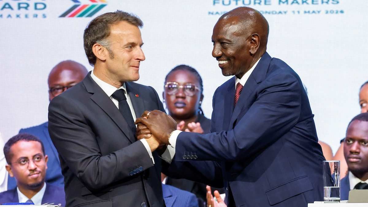 ​French President Emmanuel Macron and Kenya's President William Ruto at the Taifa Hall of the University of Nairobi, in Nairobi, Kenya, on May 11, 2026.