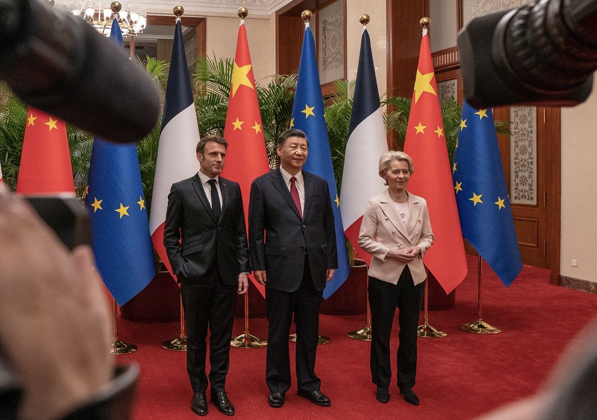 French President Emmanuel Macron and President of the European Commission (EU) Ursula von der Leyen meet Chinese President Xi Jinping in Beijing, China, on April 6, 2023