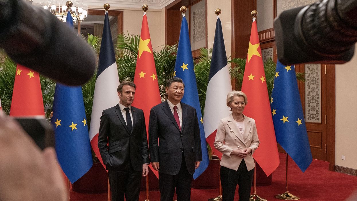 French President Emmanuel Macron and President of the European Commission (EU) Ursula von der Leyen meet Chinese President Xi Jinping in Beijing, China, on April 6, 2023