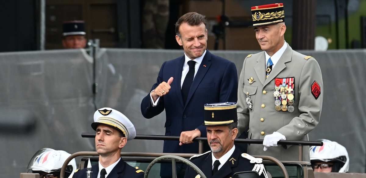 French President Emmanuel Macron arrives at the July 14, 2025 military parade on the Champs-Elysees in Paris. - 14/07/2025 - France / Ile-de-France (region) / Paris 