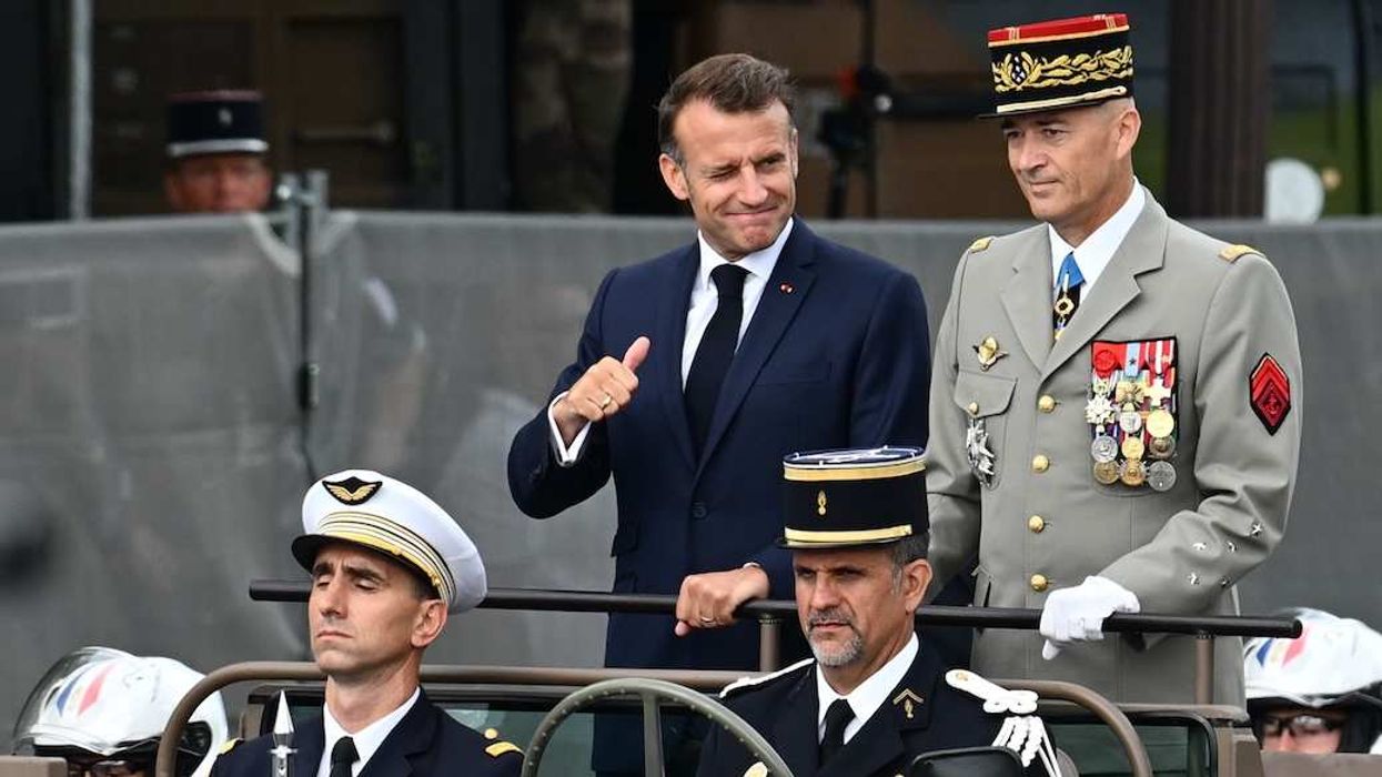 French President Emmanuel Macron arrives at the July 14, 2025 military parade on the Champs-Elysees in Paris. - 14/07/2025 - France / Ile-de-France (region) / Paris