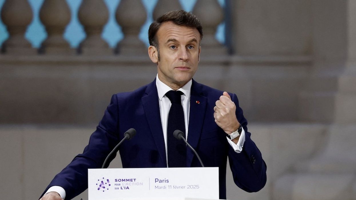French President Emmanuel Macron delivers a speech during the plenary session of the Artificial Intelligence Action Summit at the Grand Palais in Paris, France, on Feb. 11, 2025.