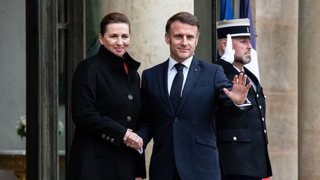 French President Emmanuel Macron receives Denmark's Prime Minister Mette Frederiksen at the Elysee Palace in Paris, France, on Jan. 28, 2025.