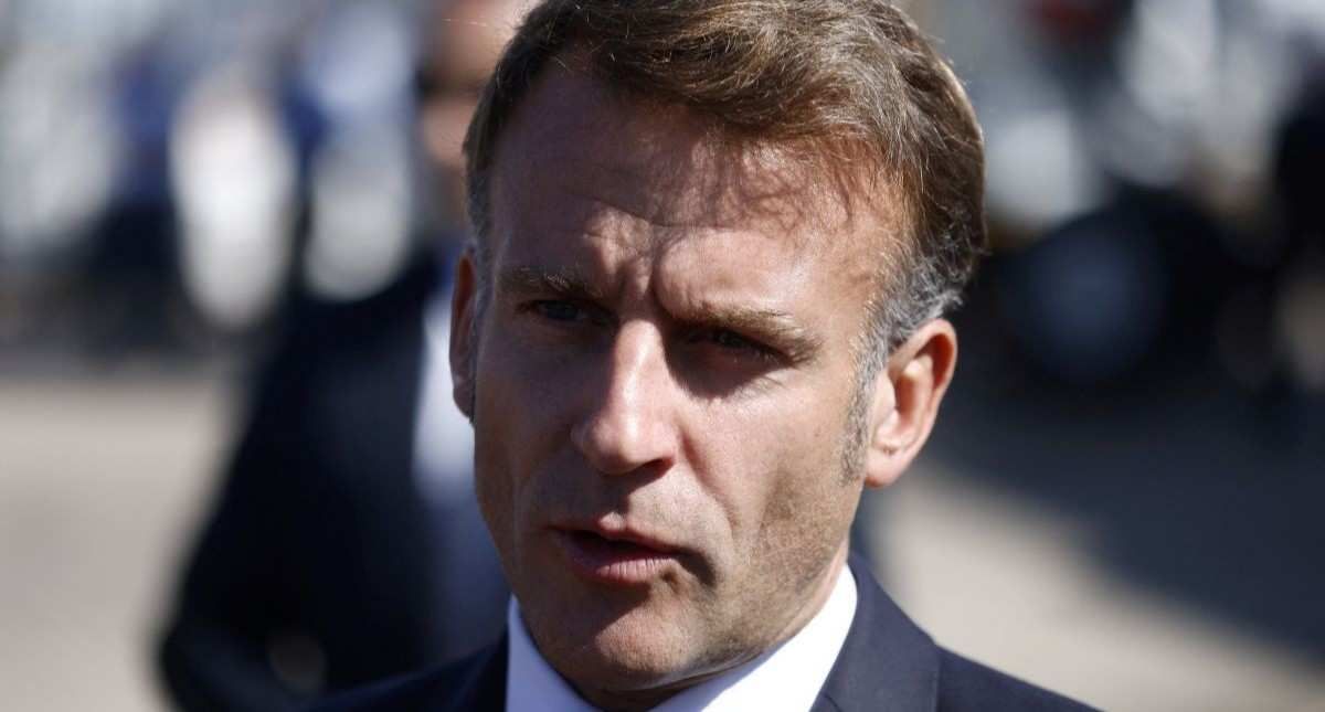 ​French President Emmanuel Macron speaks to the members of the media, after arriving by plane to attend the Gaza Peace Summit, in Sharm el-Sheikh, Egypt, October 13, 2025. 