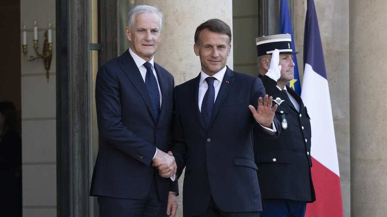 French President Macron shaking hand with Norway's Prime Minister of the Kingdom Jonas Gahr Støre