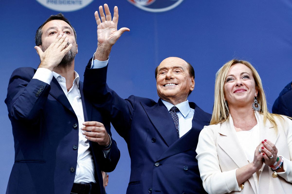 From left to right, Lega leader Matteo Salvini, Forza Italia leader Silvio Berlusconi, and Brothers of Italy leader Giorgia Meloni during a campaign rally in Rome.