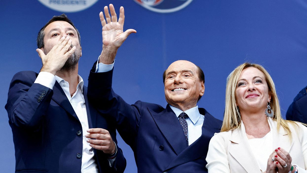 From left to right, Lega leader Matteo Salvini, Forza Italia leader Silvio Berlusconi, and Brothers of Italy leader Giorgia Meloni during a campaign rally in Rome.