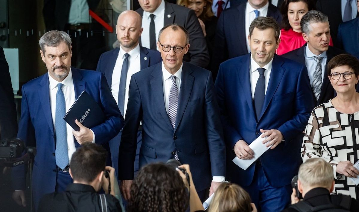 ​From left to right, Prime Minister of Bavaria Markus Soeder, Chairman of the CDU Friedrich Merz, Heads of the SPD Lars Klingbeil, and Saskia Esken arrive at a press conference after successful coalition negotiations in Berlin, Germany, on April 9, 2025. 