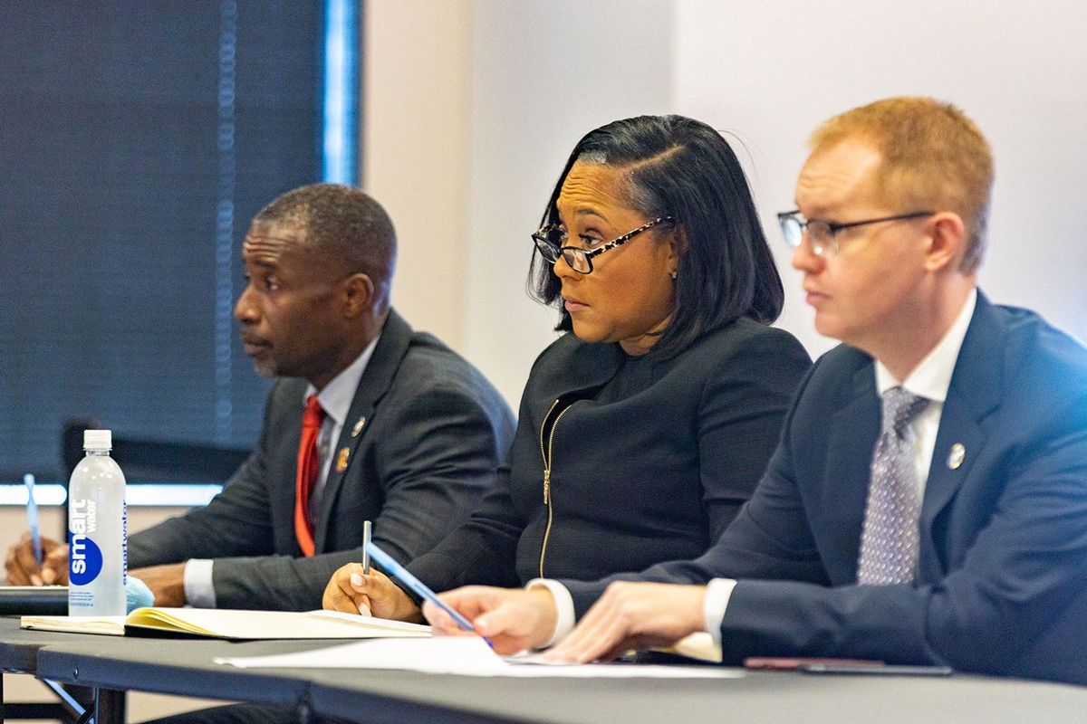 Fulton County District Attorney Fani Willis listens during the jury selection process at the Jury Assembly Room at Fulton County Courthouse in Atlanta.