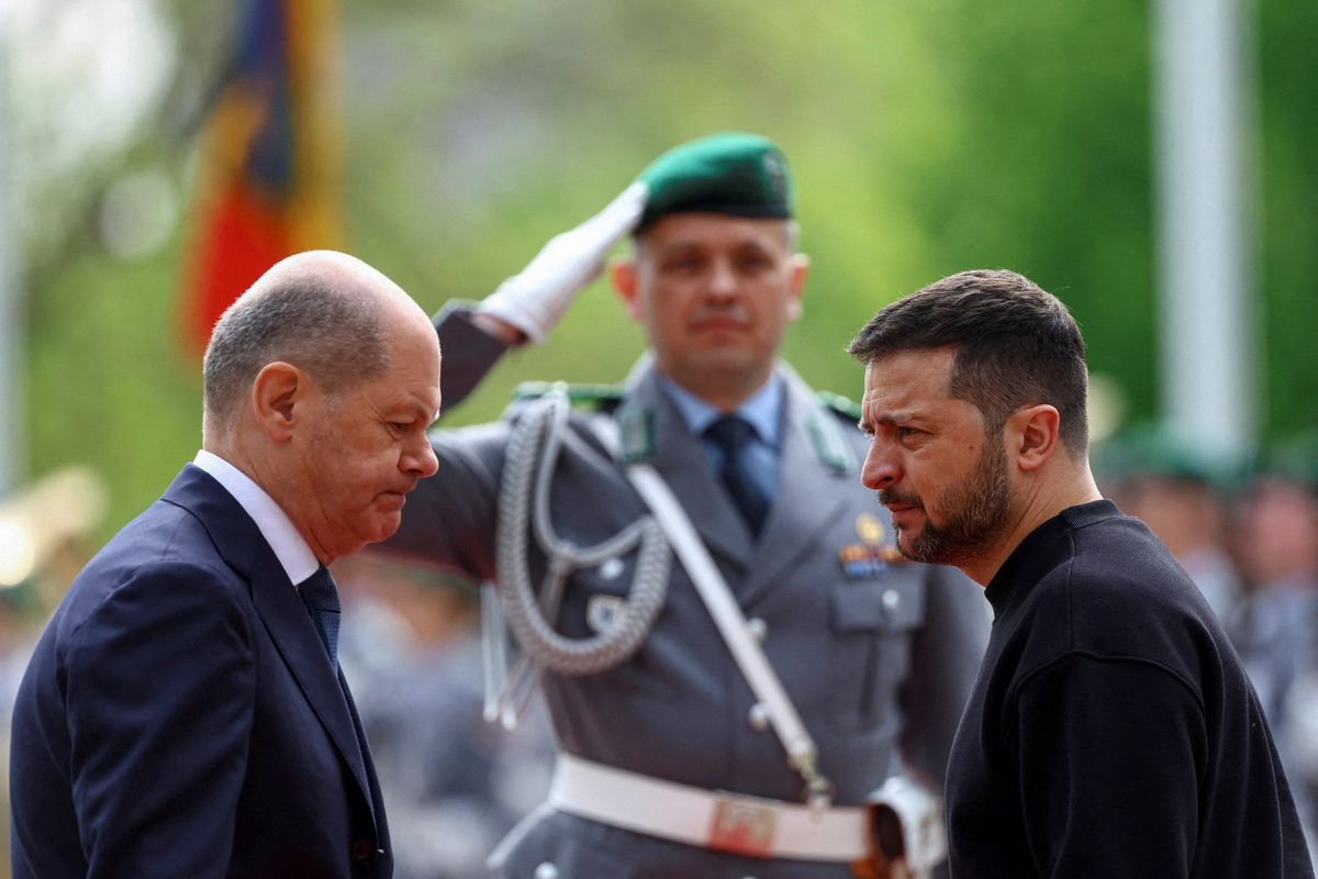 German Chancellor Olaf Scholz welcomes Ukraine's President Volodymyr Zelensky at the Chancellery in Berlin.