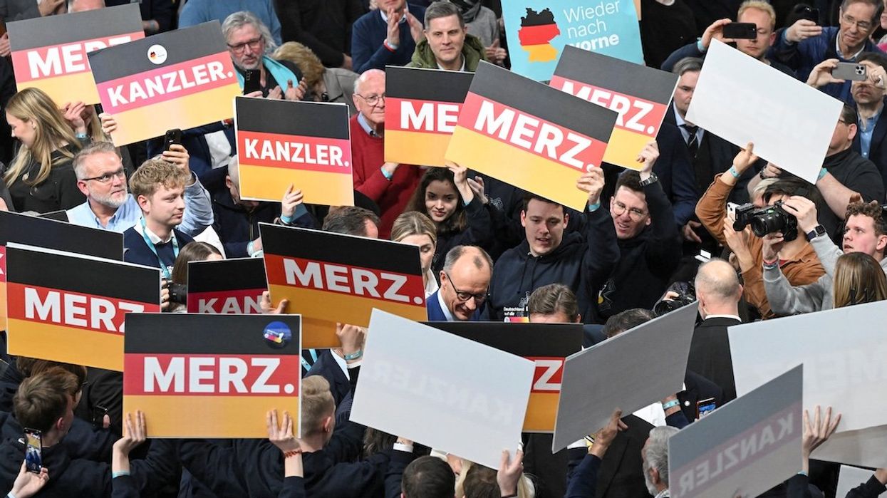 German conservative CDU candidate for chancellor Friedrich Merz attends a campaign event in Vechta, Germany, on Feb. 19, 2025.