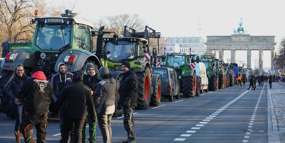 German farmers protest against the cut of vehicle tax subsidies of the so-called German Ampel coalition government in front of the Brandenburg Gate in Berlin, Germany January 8, 2024.