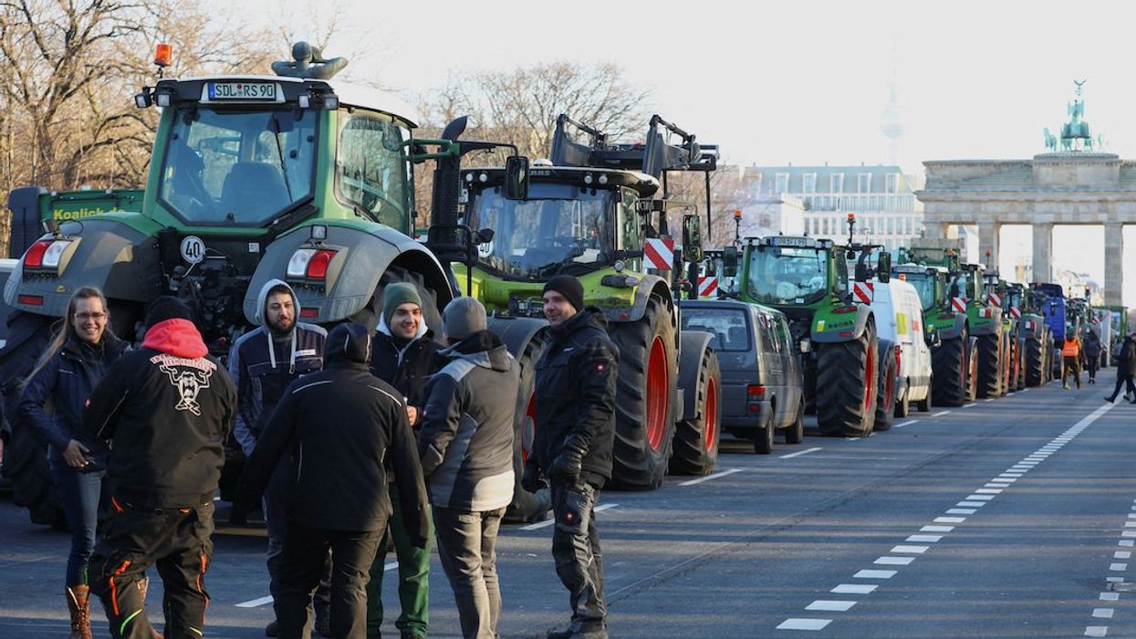 German farmers protest against the cut of vehicle tax subsidies of the so-called German Ampel coalition government in front of the Brandenburg Gate in Berlin, Germany January 8, 2024.