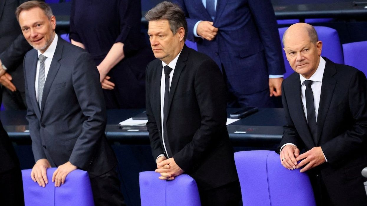 German Finance Minister Christian Lindner, Economic Affairs and Climate Action Minister Robert Habeck, and Chancellor Olaf Scholz attend the 2024 budget debate session of the German lower house of parliament, the Bundestag, in Berlin, Germany, earlier this year.