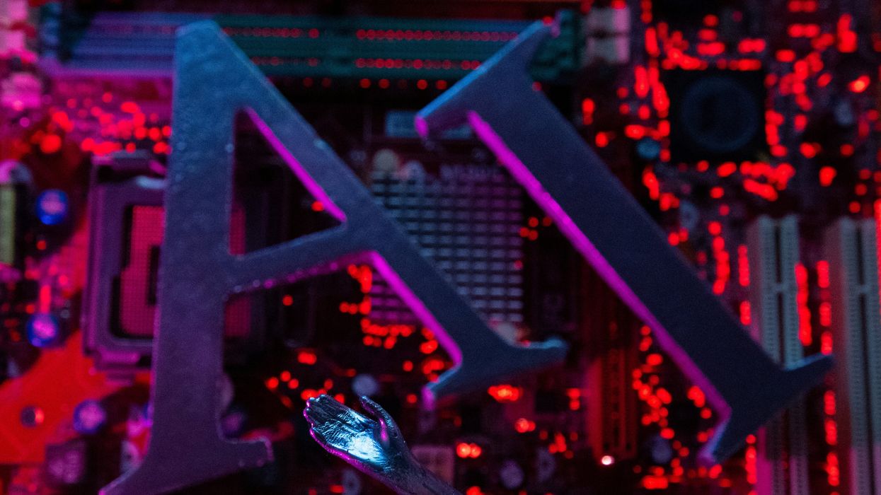 Graphic illustration of the letters AI and a robotic human-shaped arm and hand