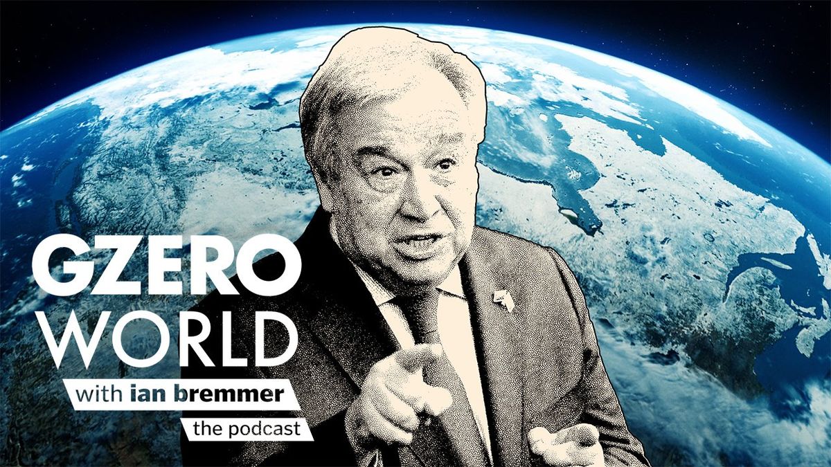 Graphic of UN Secretary-General António Guterres with the logo og GZERO World with ian bremmer: the podcast