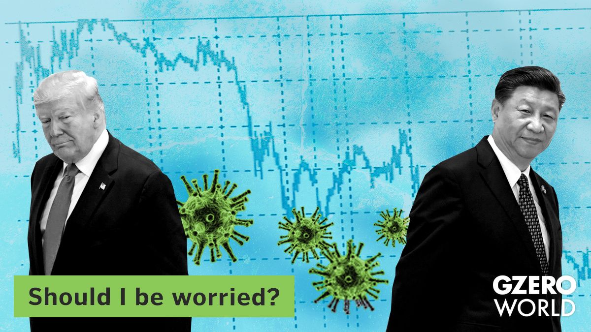 Graphic text: Should I be worried? Illustration of Donald Trump and Xi Jinping with their backs to each other, COVID molecules and a downward graph behind them